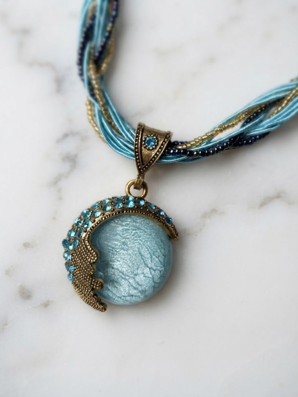 VTG Boho Light Blue Multi Strand Seed Bead Moon Pendant Statement Necklace